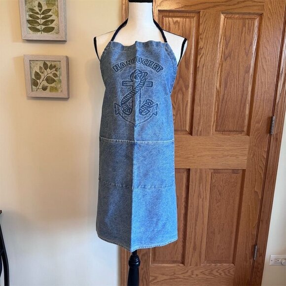 The Nautical Table Nautical Denim Apron Blue Nantucket Anchor Design - Picture 1 of 7